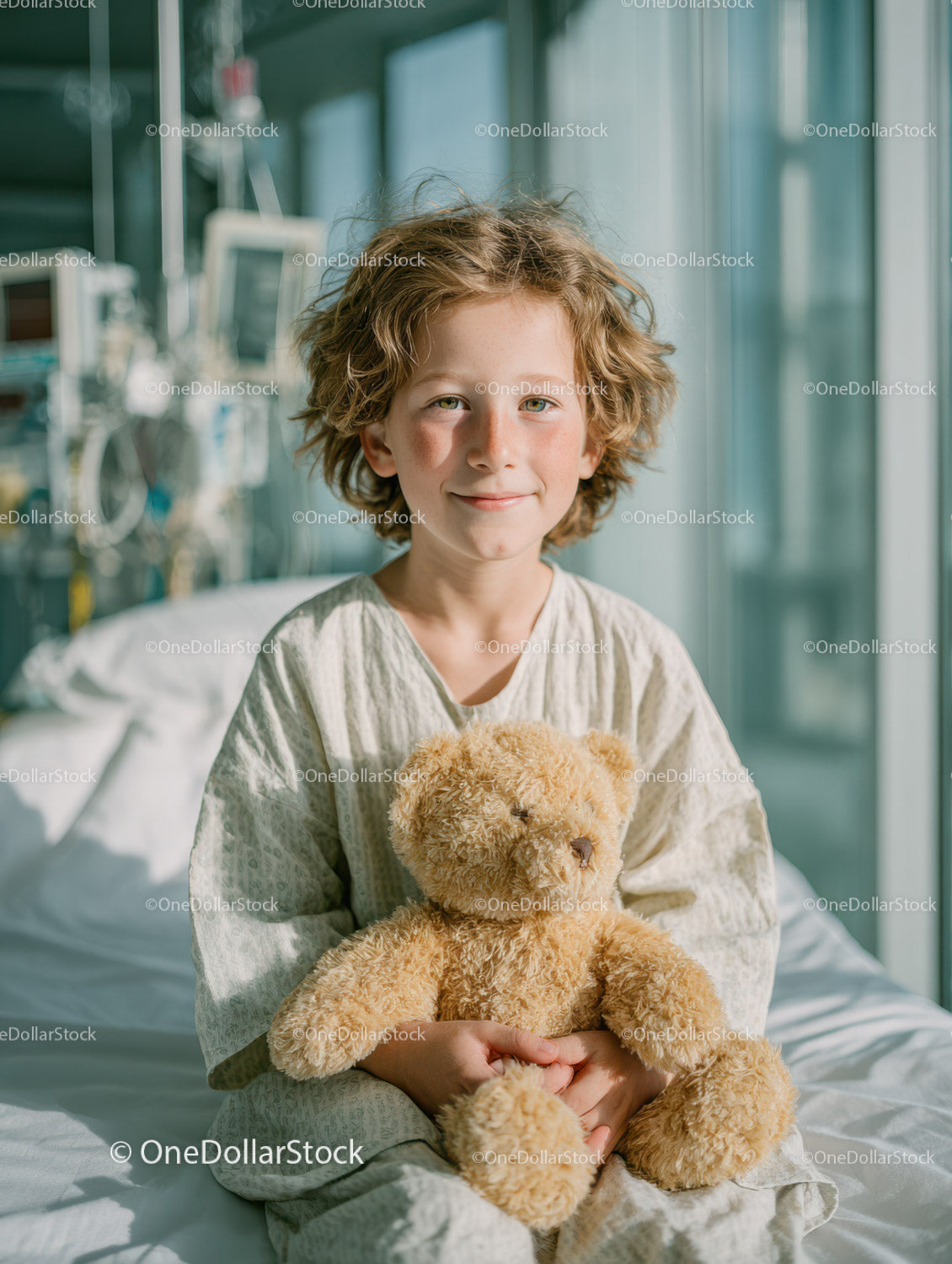 Smiling Child Holding Teddy Bear in Hospital Room with Medical Equipment