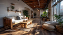 Bright Modern Living Room with Indoor Plants and Wooden Furniture