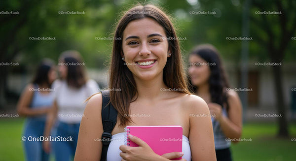 Young Smiling Woman with Pink Notebook and Friends in Park