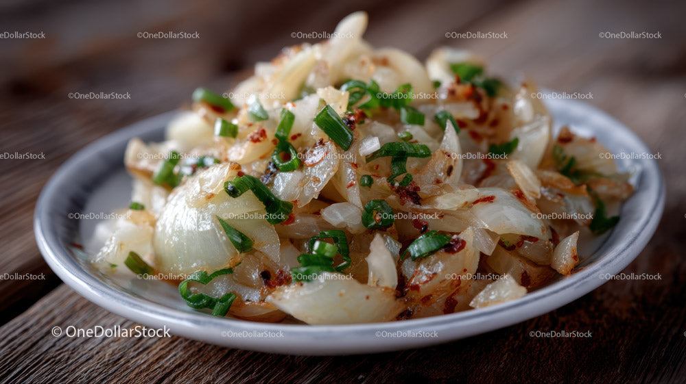 Cooked Onion Side Dish with Green Garnish on Rustic Plate