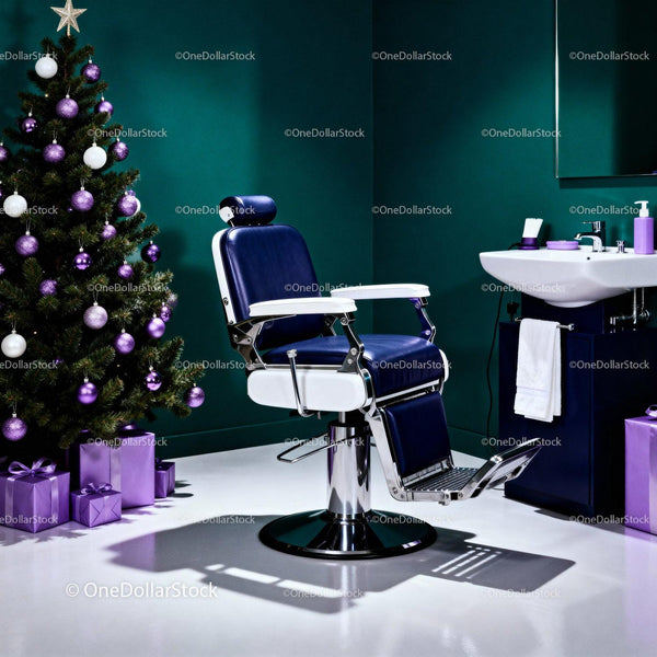 Barber chair and festive Christmas tree in modern salon