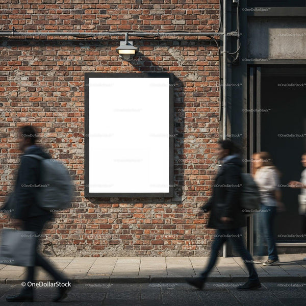 Blank poster on brick wall with blurred pedestrians walking JPG Mockup Image