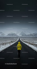 Lonely Traveler in Yellow Jacket on Snow-Covered Road