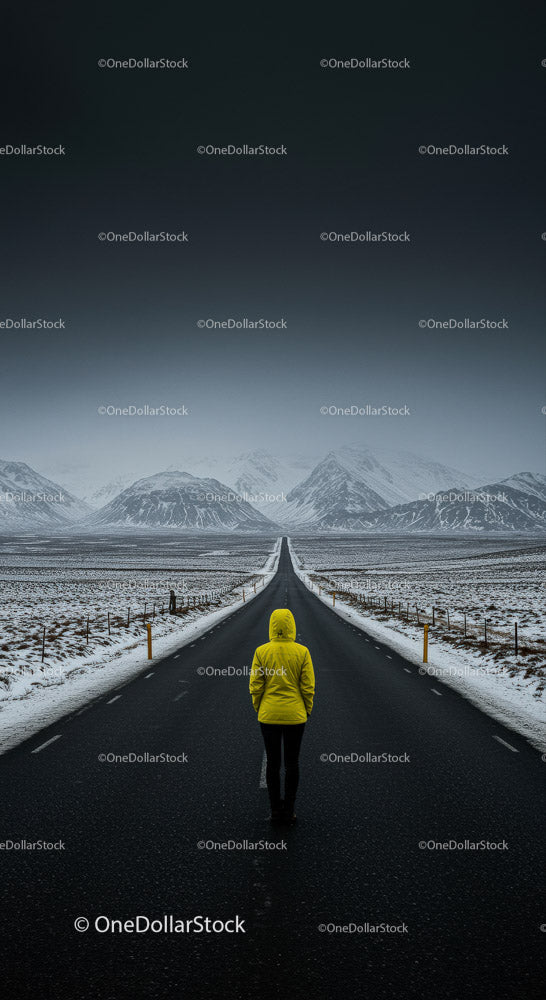 Lonely Traveler in Yellow Jacket on Snow-Covered Road