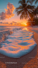 Sunset Over Tropical Beach with Palm Trees and Ocean Waves
