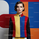 Woman in Bold Color Block Fashion Jacket