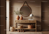 Entryway console with warm rustic decor and mirror