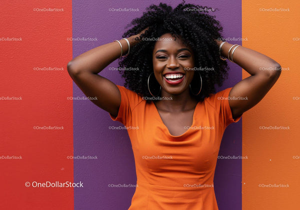 Happy Black Woman in Orange Dress with Colorful Purple and Orange Background