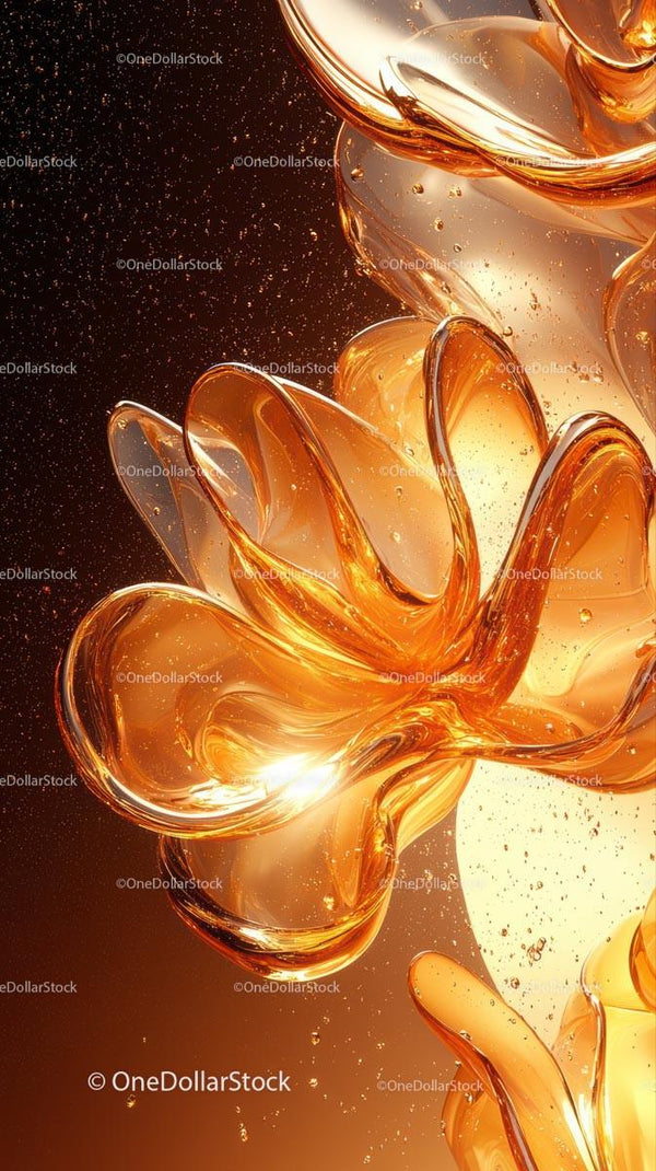 Abstract Swirling Amber Glass Art with Luminous Organic Shapes