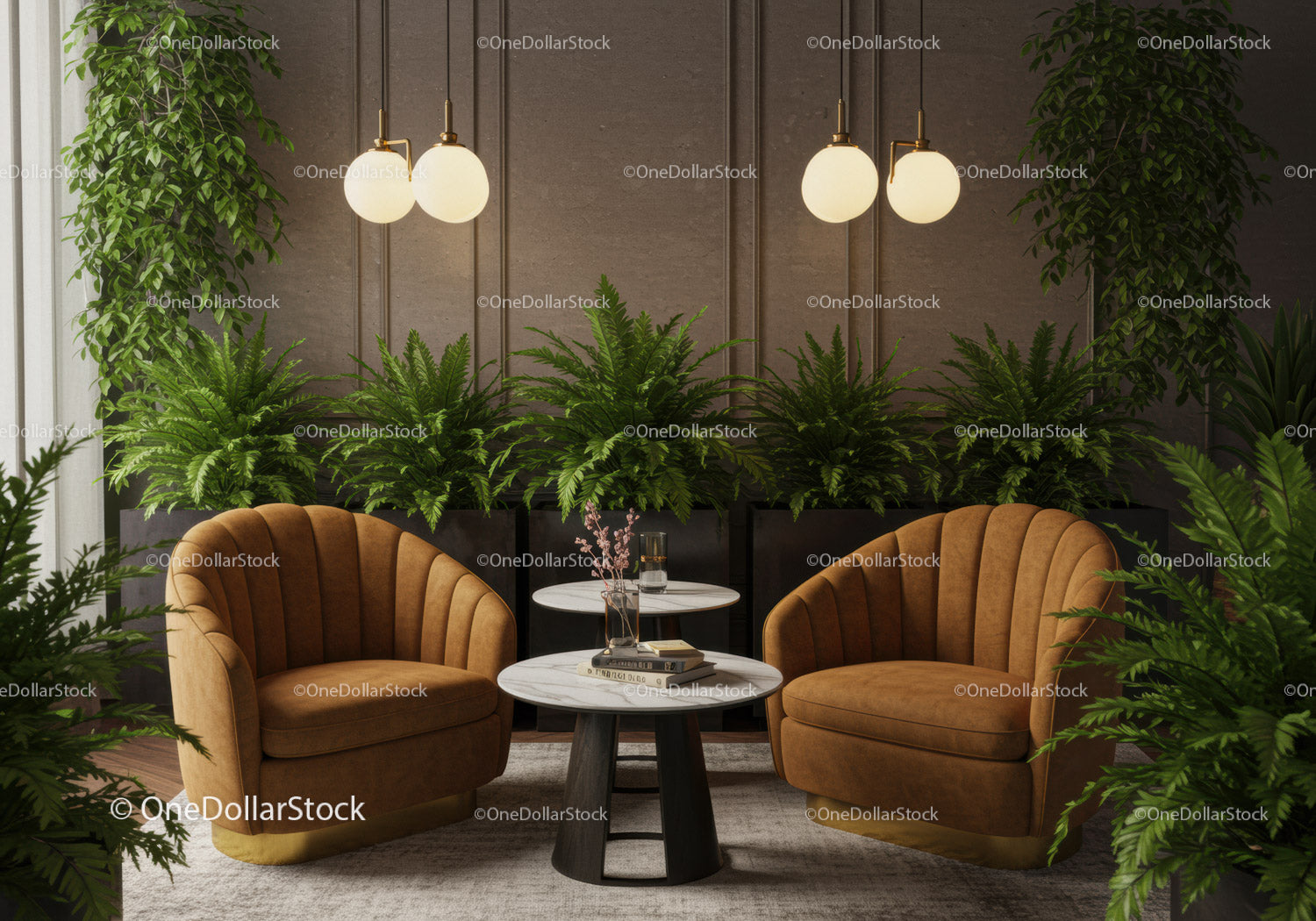 Cozy modern seating area with lush indoor plants
