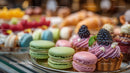 Colorful Macarons and Berry Tart Display in Gourmet Bakery Scene