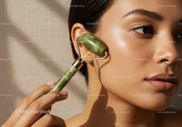 Close-up of a Woman Using a Green Jade Facial Roller for Skin Rejuvenation