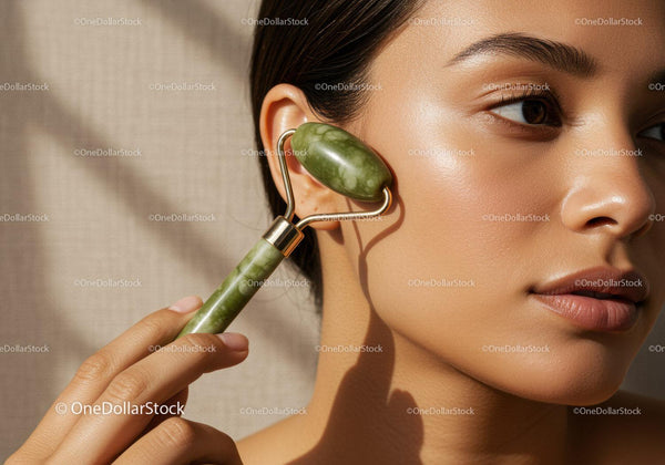 Close-up of a Woman Using a Green Jade Facial Roller for Skin Rejuvenation