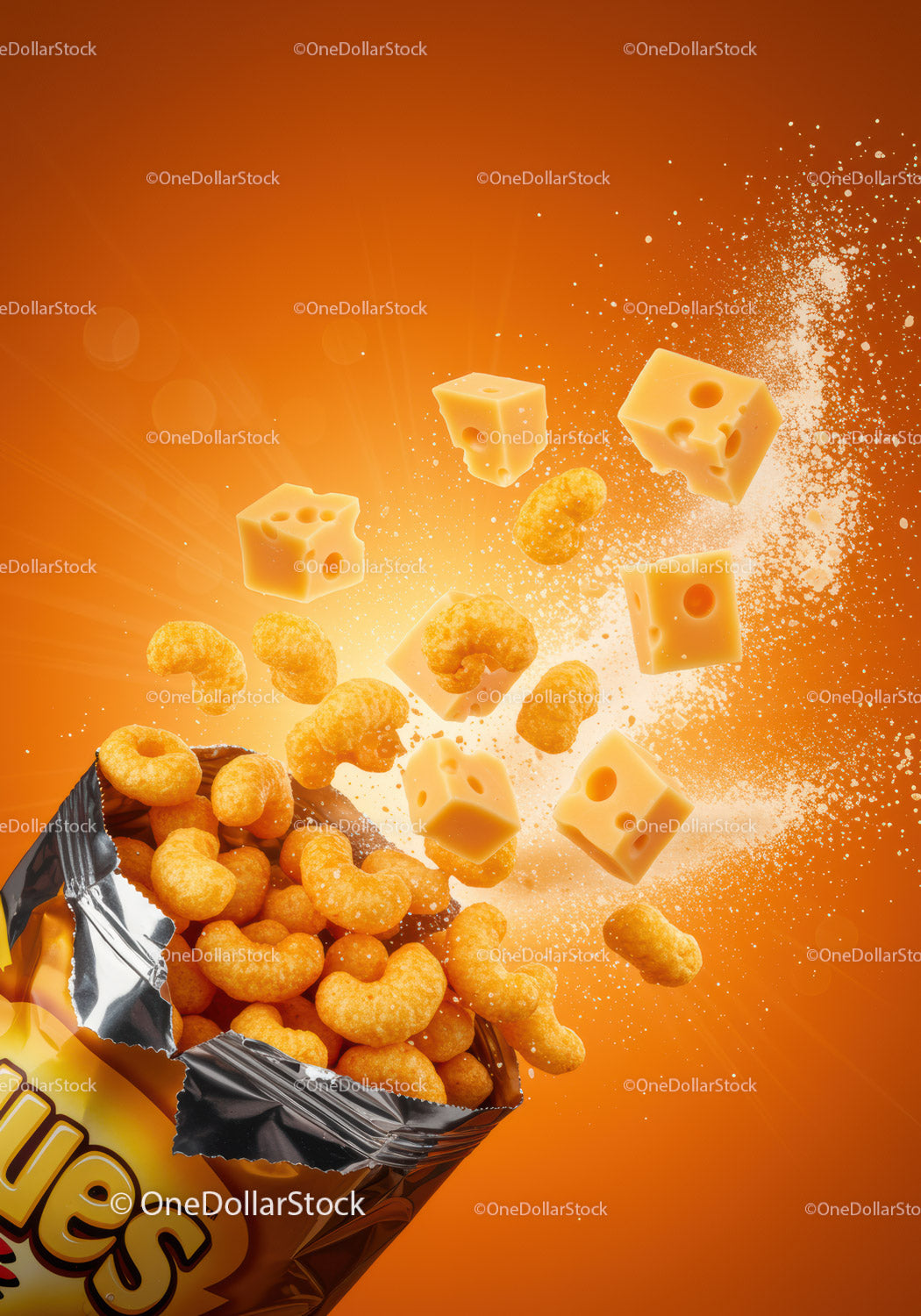 Cheese flavored corn puffs bursting from bag with cheese cubes