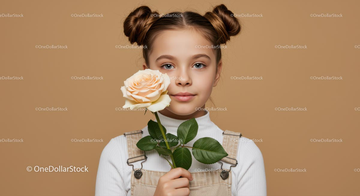 Młoda dziewczyna trzymająca brzoskwiniową różę i stylowe koki we włosach