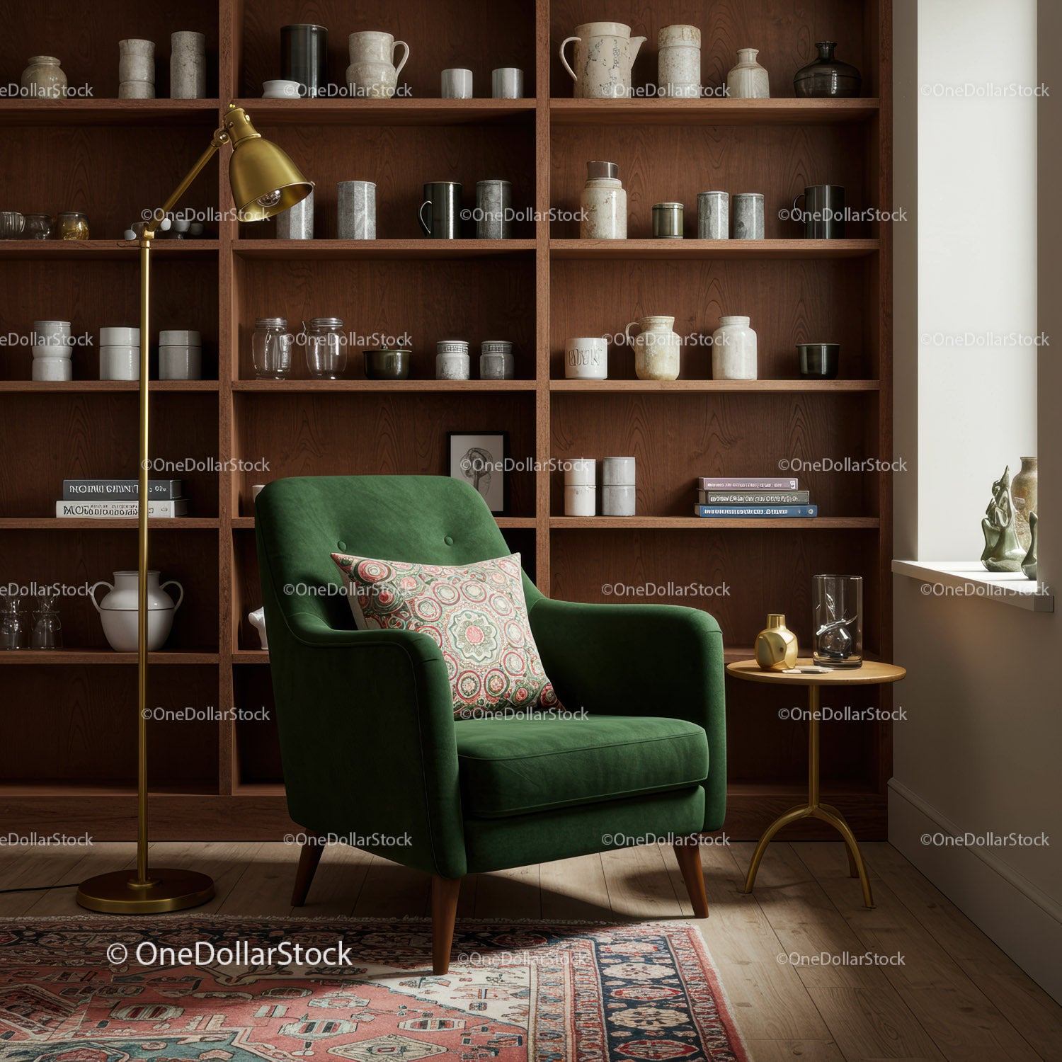 Cozy green armchair with patterned pillow in elegant corner