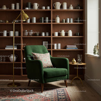 Cozy green armchair with patterned pillow in elegant corner