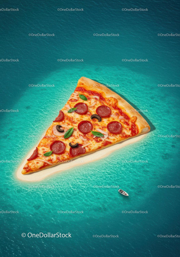 Pizza slice shaped like a tropical island in ocean