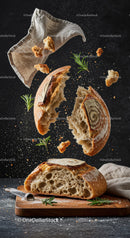Rustic sourdough bread breaking apart with herbs
