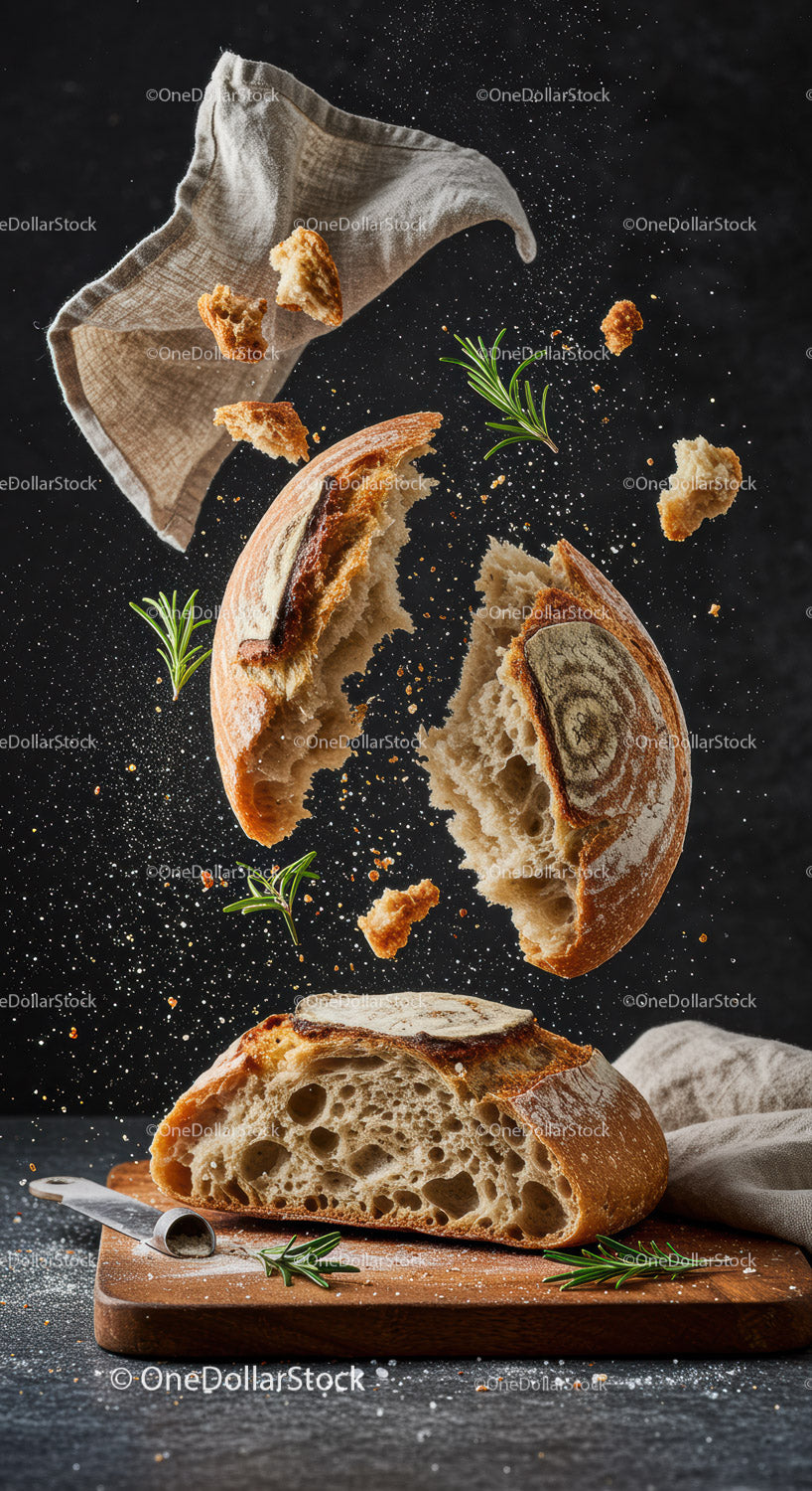 Rustic sourdough bread breaking apart with herbs