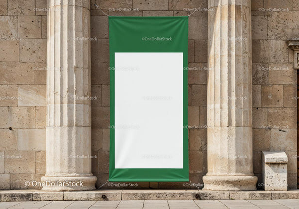 Large blank banner hanging between classical stone columns JPG Mockup Image
