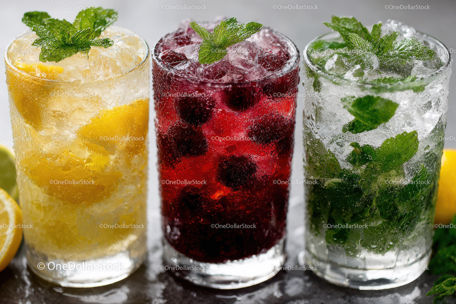 Frosted Glasses of Lemonade and Berry Fruit Infused Water