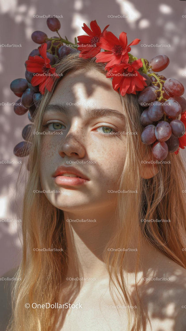 Young Woman with Red Floral Crown and Purple Grapes Outdoor Portrait Stock Photo Bundle (40 JPG Files)