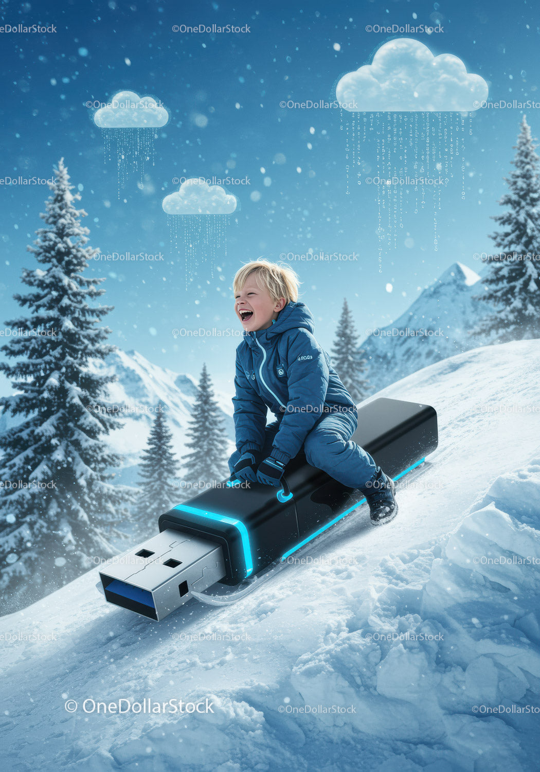 Child Enjoying Winter Ride on Giant USB Flash Drive