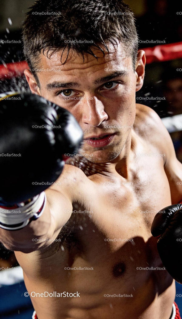 Focused male boxer delivering a powerful punch in ring
