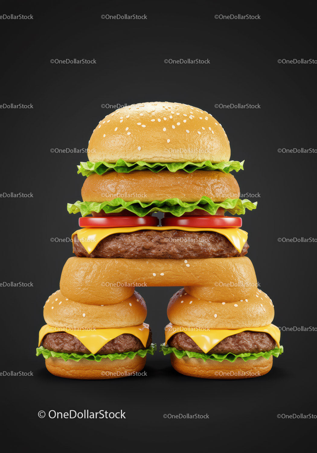 Creative burger stack made of multiple cheeseburgers on black