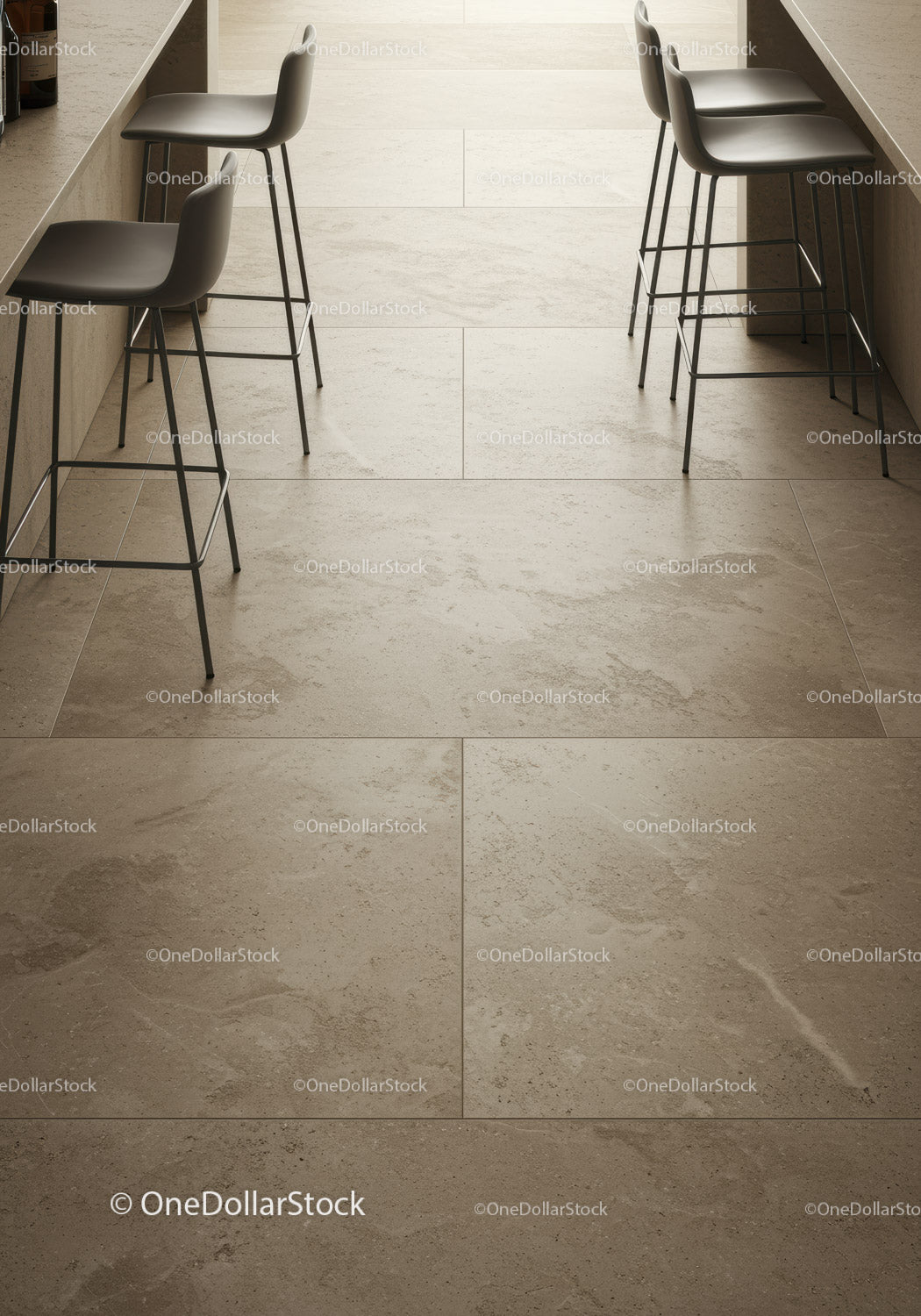 Nowoczesna kuchnia z beżowymi płytkami ceramicznymi i nowoczesnymi hokerami barowymi