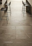 Contemporary Kitchen with Beige Ceramic Tiles and Modern Bar Stools