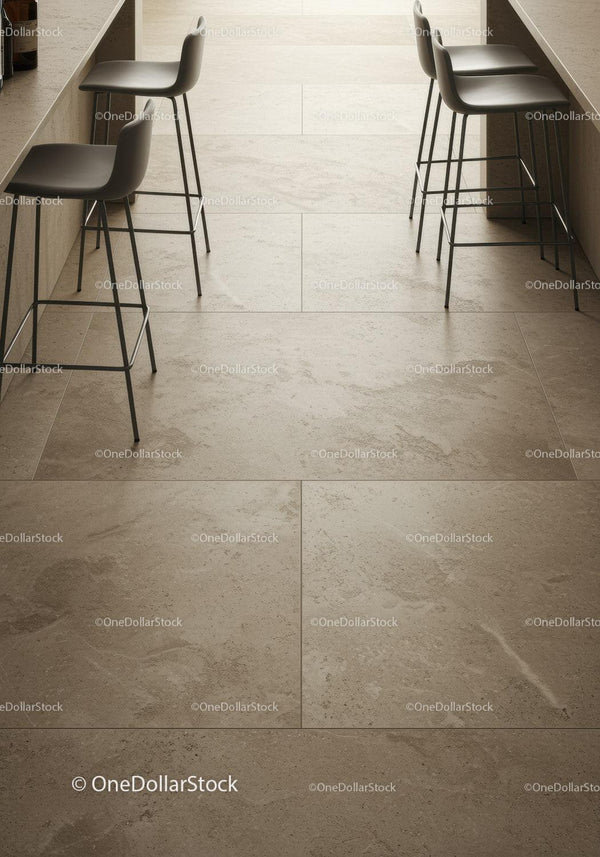 Contemporary Kitchen with Beige Ceramic Tiles and Modern Bar Stools
