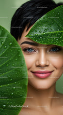 Beautiful Woman with Blue Eyes Surrounded by Lush Green Tropical Leaves