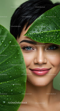 Beautiful Woman with Blue Eyes Surrounded by Lush Green Tropical Leaves