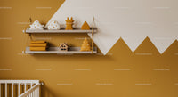 Decorative Cloud and Star Plush Toys on Wooden Shelves in Cozy Nursery
