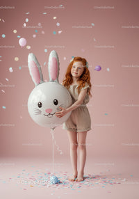Redhead girl smiling with bunny balloon against pink
