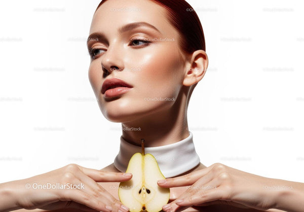 Elegancka Kobieta z Nieskazitelną Skórą Trzymająca Gruszkę w Studio