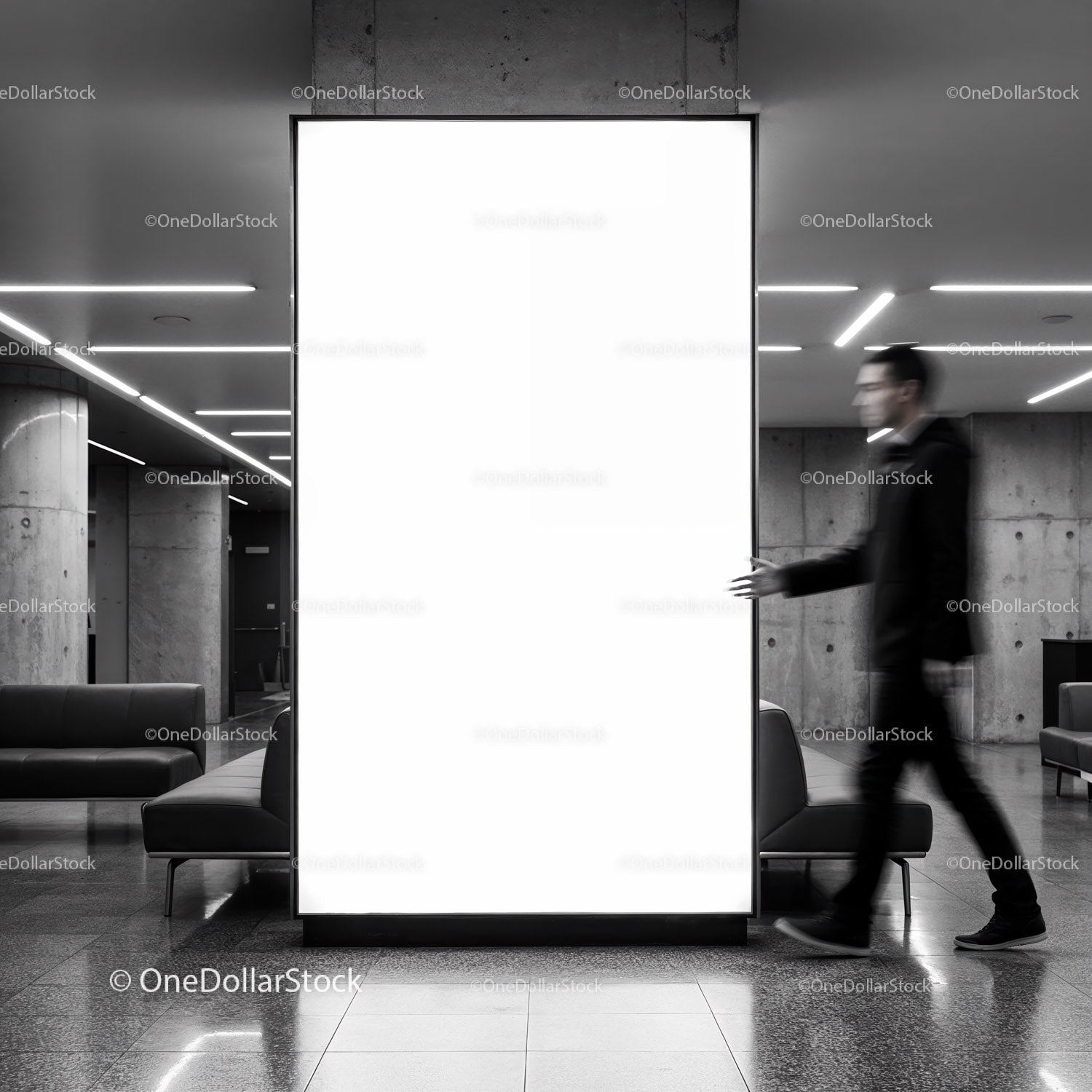 Modern Lobby with Bright Vertical Advertising Display