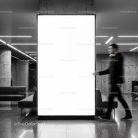 Modern Lobby with Bright Vertical Advertising Display