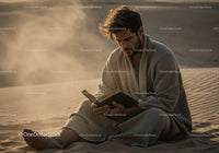 Man Sitting on Sand Dunes Reading Book in Desert Landscape