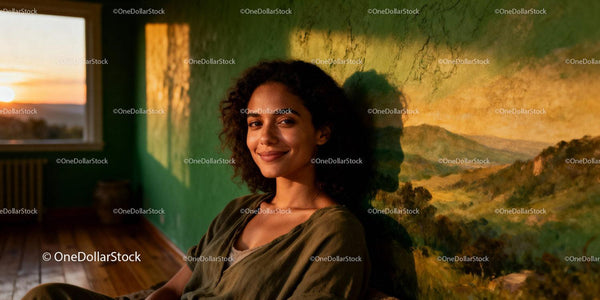 Young woman relaxing by wall with scenic mural at sunset