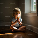 Toddler enjoying ice cream cone by window light