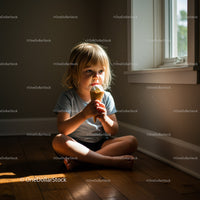 Toddler enjoying ice cream cone by window light