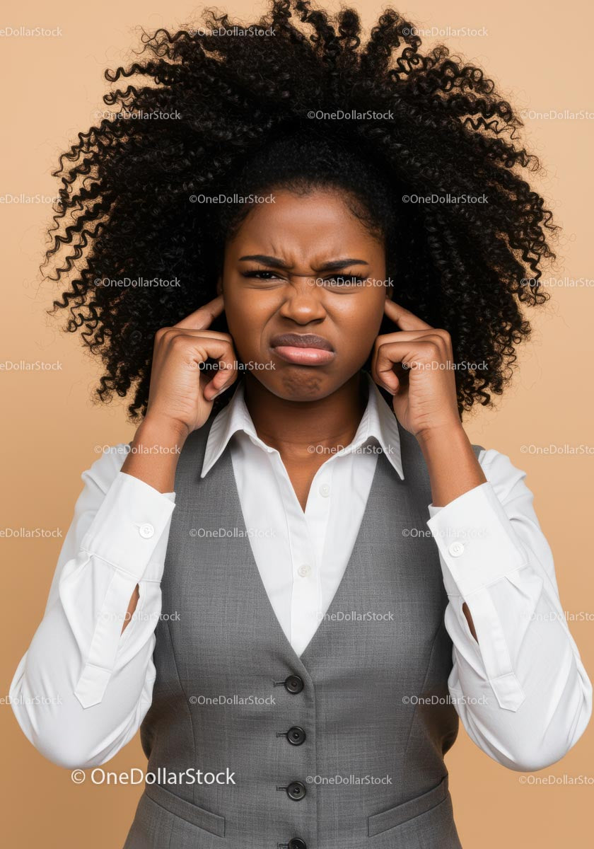 Young Woman Showing Frustration with Ear Covering in Studio Shot
