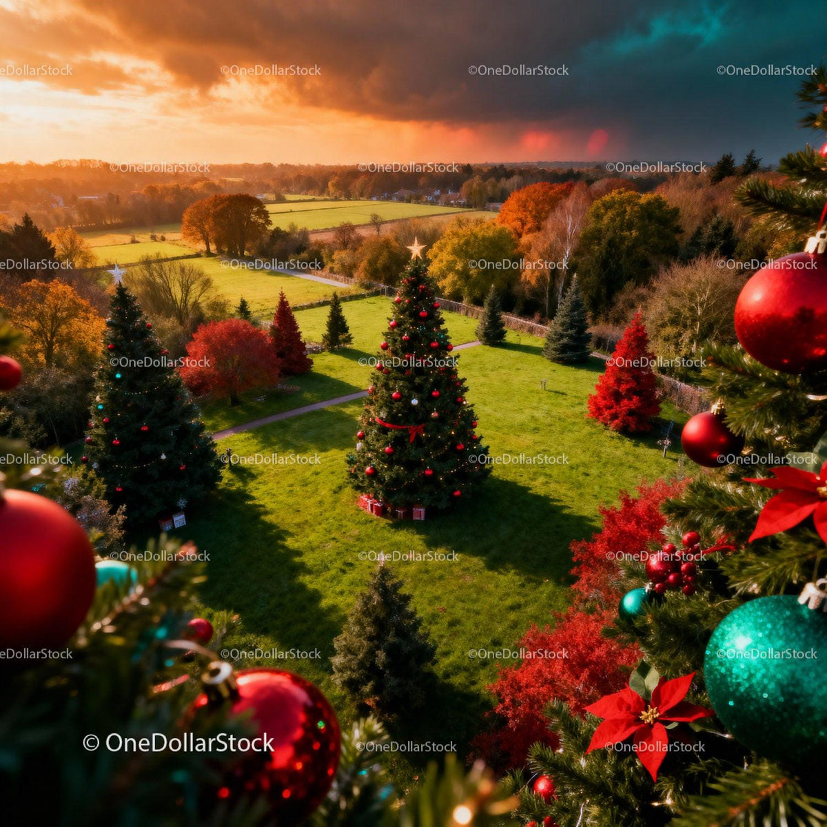 Festive decorated Christmas tree in autumn park