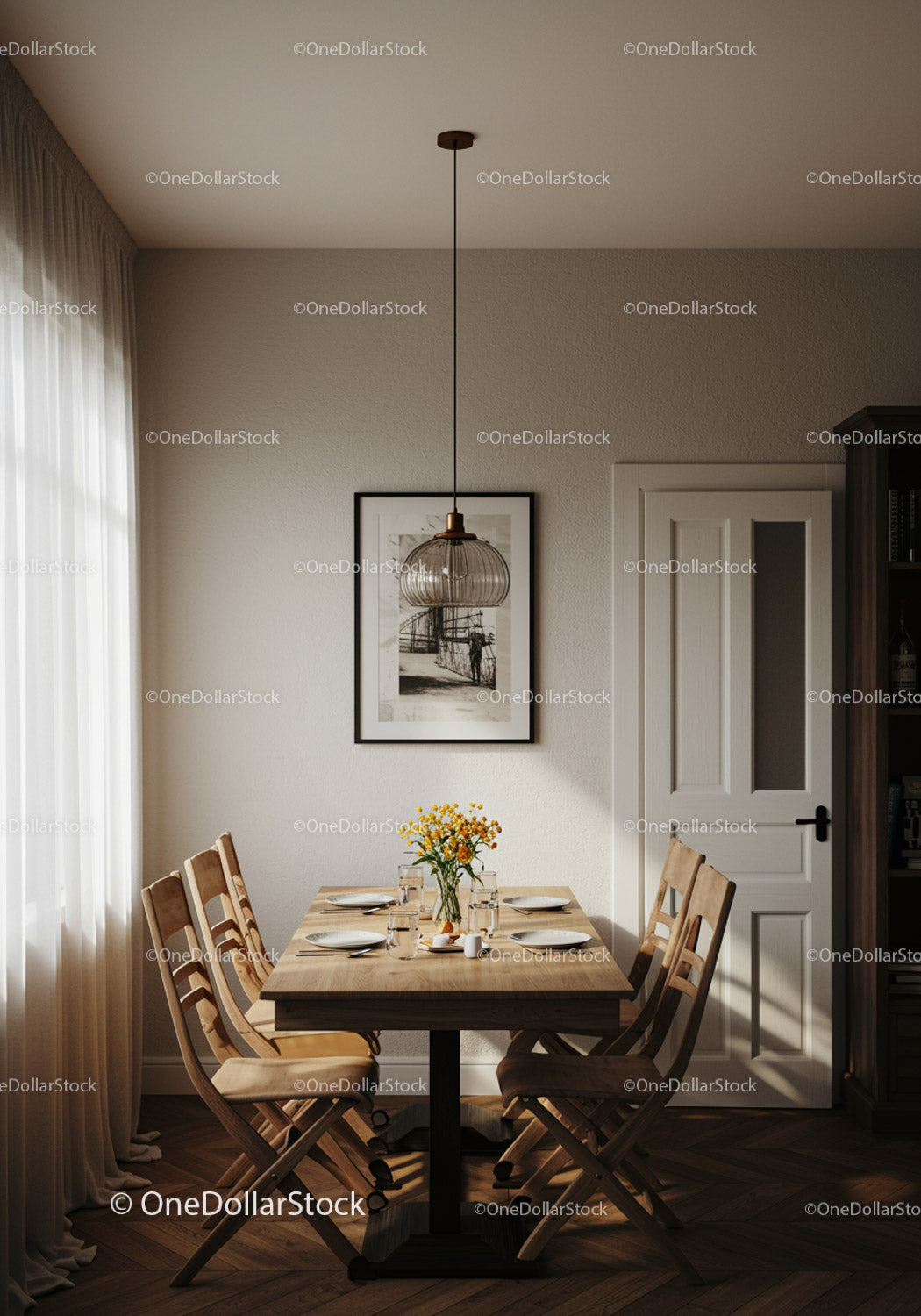 Elegant dining room with wooden table and modern decor