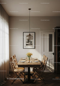 Elegant dining room with wooden table and modern decor