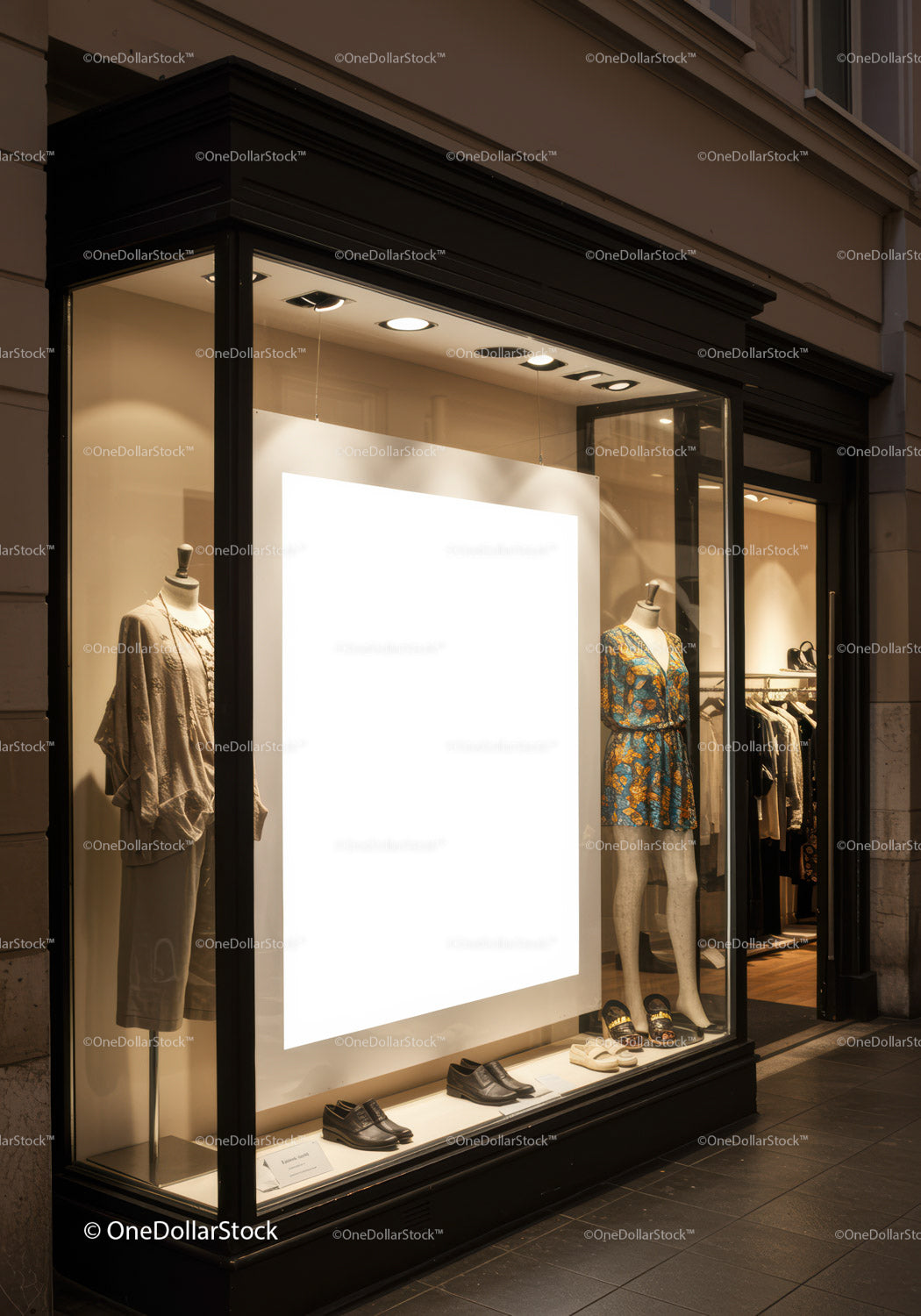 Stylish clothing and shoes displayed in boutique window