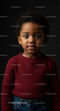 Young boy with curly hair posing in red sweater